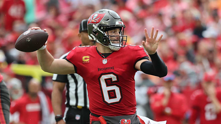 Dec 29, 2024; Tampa, Florida, USA; Tampa Bay Buccaneers quarterback Baker Mayfield (6) throws the ball against the Carolina Panthers during the second half at Raymond James Stadium. Mandatory Credit: Kim Klement Neitzel-Imagn Images