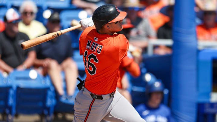 Mar 13, 2025; Dunedin, Florida, USA; Baltimore Orioles third baseman Coby Mayo (16) doubles against the Toronto Blue Jays in the second inning during spring training at TD Ballpark. Mar 13, 2025; Dunedin, Florida, USA; Baltimore Orioles third baseman Coby Mayo (16) doubles against the Toronto Blue Jays in the second inning during spring training at TD Ballpark.