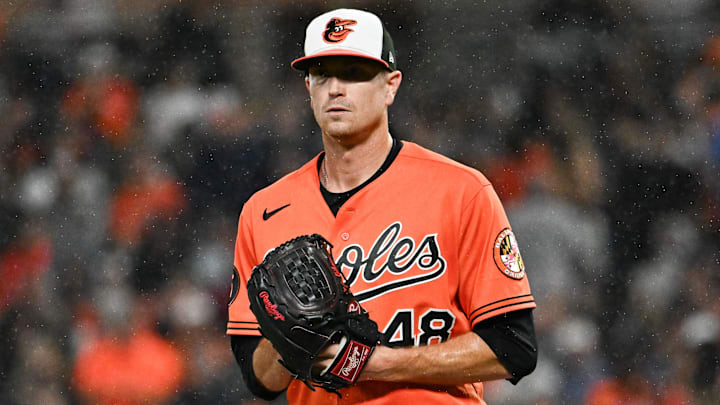 Sep 30, 2023; Baltimore, Maryland, USA;  Baltimore Orioles starting pitcher Kyle Gibson (48) stands on the pitcher's mound as rain falls during the second inning against the Boston Red Sox at Oriole Park at Camden Yards