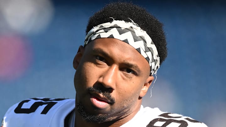 Cleveland Browns defensive end Myles Garrett looks on during warm up prior to the game against the New England Patriots.