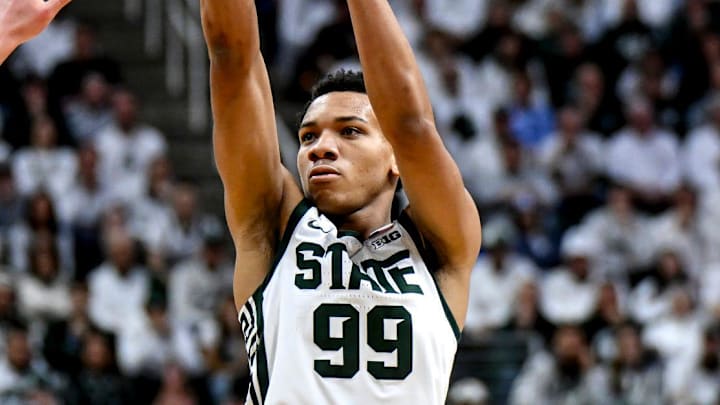 Michigan State's Divine Ugochukwu makes a 3-pointer against Duke during the first half on Saturday, Dec. 6, 2025, at the Breslin Center in East Lansing. Michigan State's Divine Ugochukwu makes a 3-pointer against Duke during the first half on Saturday, Dec. 6, 2025, at the Breslin Center in East Lansing.
