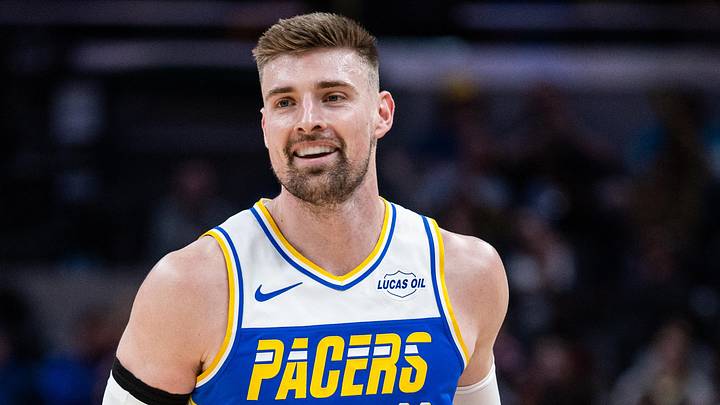 Mar 29, 2026; Indianapolis, Indiana, USA;  Indiana Pacers center Micah Potter (11) celebrates a made basket in the first half against the Miami Heat at Gainbridge Fieldhouse. Mandatory Credit: Trevor Ruszkowski-Imagn Images