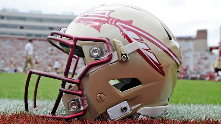 Oct 7, 2017; Tallahassee, FL, USA; View of a Florida State Seminoles helmet on the field before the game against the Miami Hurricanes at Doak Campbell Stadium. Mandatory Credit: Melina Vastola-Imagn Images