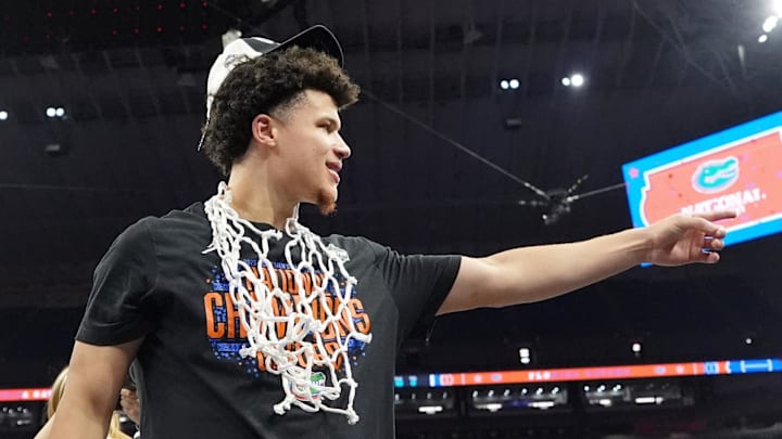 Apr 7, 2025; San Antonio, TX, USA; Florida Gators guard Walter Clayton Jr. (1) celebrates after winning the national championship game of the Final Four of the 2025 NCAA Tournament at the Alamodome. Mandatory Credit: Bob Donnan-Imagn Images