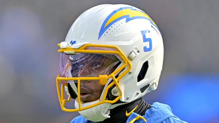 Dec 15, 2024; Inglewood, California, USA;  Los Angeles Chargers wide receiver Joshua Palmer (5) warms up prior to the game against the Tampa Bay Buccaneers at SoFi Stadium. Mandatory Credit: Jayne Kamin-Oncea-Imagn Images