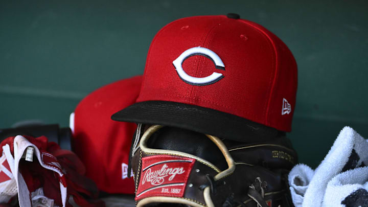 Jul 22, 2025; Washington, District of Columbia, USA; General view of Cincinnati Reds hat during the game against the Washington Nationals at Nationals Park. 