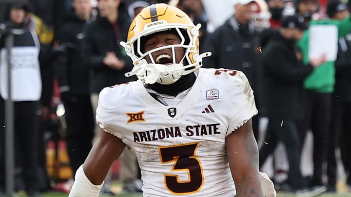 Nov 1, 2025; Ames, Iowa, USA;  Arizona State Sun Devils running back Raleek Brown (3) celebrates during their game with the Iowa State Cyclones at Jack Trice Stadium. Mandatory Credit: Reese Strickland-Imagn Images