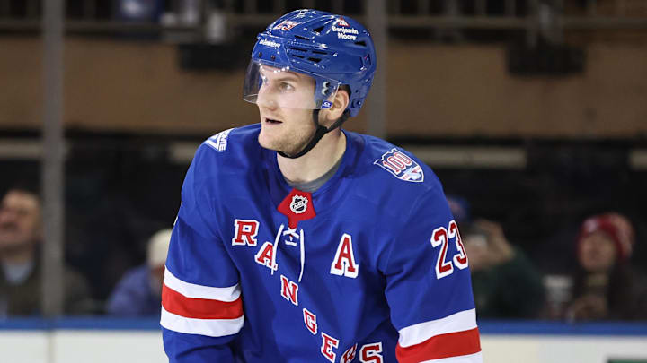 Apr 2, 2026; New York, New York, USA; New York Rangers defenseman Adam Fox (23) skates over to his bench after scoring a goal in the third period against the Montréal Canadiens at Madison Square Garden. Mandatory Credit: Wendell Cruz-Imagn Images Apr 2, 2026; New York, New York, USA; New York Rangers defenseman Adam Fox (23) skates over to his bench after scoring a goal in the third period against the Montréal Canadiens at Madison Square Garden. Mandatory Credit: Wendell Cruz-Imagn Images
