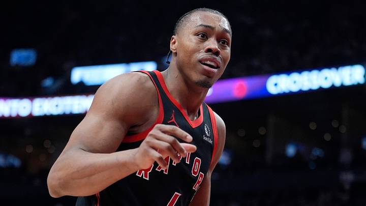 Apr 23, 2026; Toronto, Ontario, CAN; Toronto Raptors guard Scottie Barnes (4) reacts after a play against the Cleveland Cavaliers during the second half of game three of the first round of the 2026 NBA Playoffs at Scotiabank Arena. Mandatory Credit: John E. Sokolowski-Imagn Images