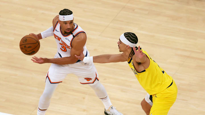 May 21, 2025; New York, New York, USA; New York Knicks guard Josh Hart (3) controls the ball against Indiana Pacers guard Andrew Nembhard (2) in the first quarter during game one of the eastern conference finals for the 2025 NBA Playoffs at Madison Square Garden. Mandatory Credit: Brad Penner-Imagn Images