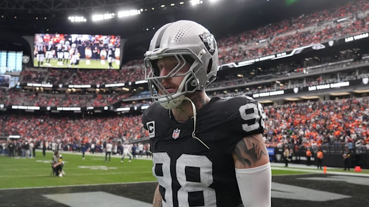 Dec 7, 2025; Paradise, Nevada, USA;  Las Vegas Raiders defensive end Maxx Crosby (98) on the field prior to a game against the Denver Broncos at Allegiant Stadium. Mandatory Credit: Kirby Lee-Imagn Images