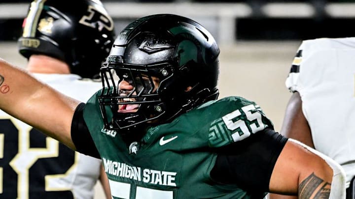Michigan State's Ben Roberts celebrates after the Spartans blocked a Purdue field goal attempt during the second quarter on Friday, Nov. 22, 2024, at Spartan Stadium in East Lansing.