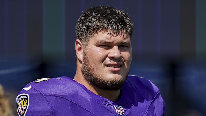 Sep 14, 2025; Baltimore, Maryland, USA; Baltimore Ravens center Tyler Linderbaum (64) before the game against the Cleveland Browns at M&T Bank Stadium. Mandatory Credit: Mitch Stringer-Imagn Images