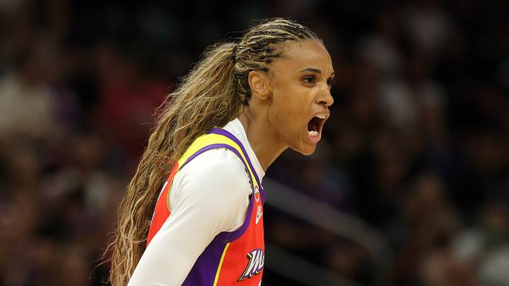 Phoenix, Arizona, USA; Phoenix Mercury forward DeWanna Bonner (24) celebrates against the New York Liberty in the first half at Mortgage Matchup Center, on August 1, 2026.