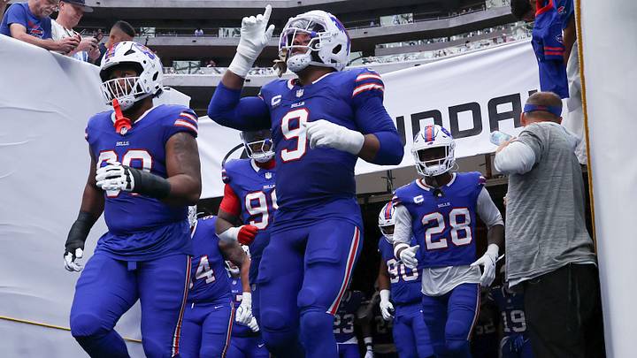 Buffalo Bills linebacker Bradley Chubb runs onto the field before the game against the Houston Texans at Reliant Stadium.