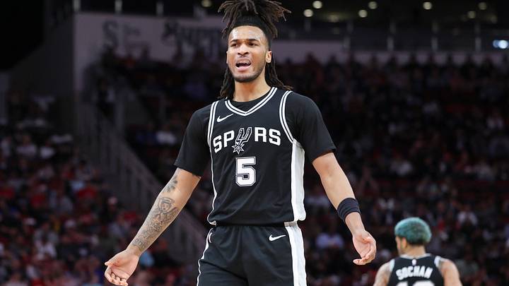 Feb 26, 2025; Houston, Texas, USA; San Antonio Spurs guard Stephon Castle (5) reacts after a play during the second quarter against the Houston Rockets at Toyota Center. Mandatory Credit: Troy Taormina-Imagn Images