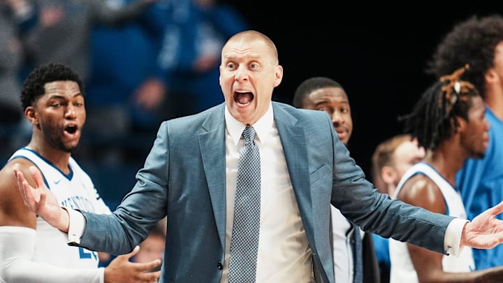 Kentucky Wildcats head coach Mark Pope questions a call of blocking on the Cats while they take on Nicholls in the first half at Rupp Arena in Lexington, Kentucky Nov. 4, 2025.