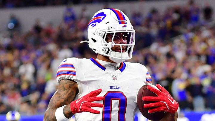 Oct 12, 2026; Inglewood, California, USA;  Buffalo Bills wide receiver Keon Coleman (0) scores a touchdown during the third quarter against the Los Angeles Rams at SoFi Stadium.  Mandatory Credit: Gary A. Vasquez-Imagn Images