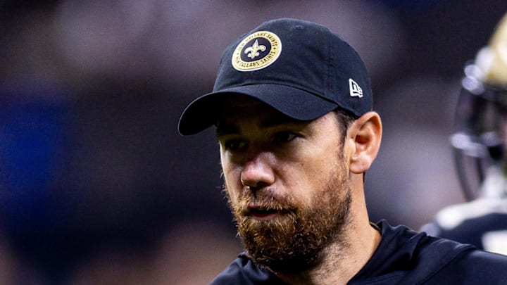 Sep 8, 2024; New Orleans, Louisiana, USA;  New Orleans Saints offensive coordinator Klint Kubiak reacts against the Carolina Panthers during the pregame at Caesars Superdome. Mandatory Credit: Stephen Lew-Imagn Images