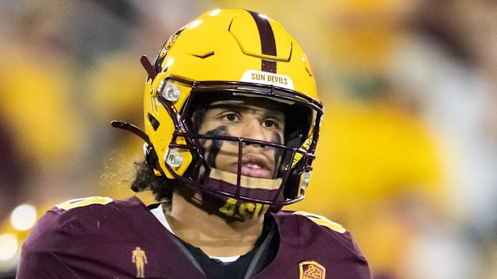 Nov 28, 2025; Tempe, Arizona, USA; Arizona State Sun Devils wide receiver Jordyn Tyson (0) against the Arizona Wildcats in the first half during the 99th Territorial Cup at Mountain America Stadium. Mandatory Credit: Mark J. Rebilas-Imagn Images