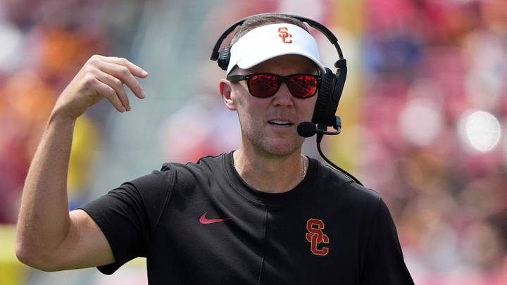 Aug 29, 2026; Los Angeles, California, USA; Southern California Trojans head coach Lincoln Riley reacts against the San Jose State Spartans in the first half at United Airlines Field at Los Angeles Memorial Coliseum. Mandatory Credit: Kirby Lee-Imagn Images