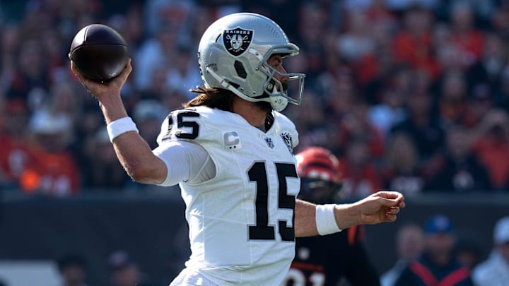Las Vegas Raiders quarterback Gardner Minshew II (15) throws a pass in the first quarter of the NFL game at Paycor Stadium in Cincinnati on Sunday, Nov. 3, 2024. Las Vegas Raiders quarterback Gardner Minshew II (15) throws a pass in the first quarter of the NFL game at Paycor Stadium in Cincinnati on Sunday, Nov. 3, 2024.