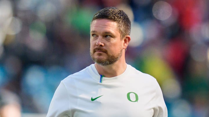Oregon head coach Dan Lanning walks the field during warmups as the Oregon Ducks take on the Texas Tech Red Raiders in the Orange Bowl on Jan. 1, 2026, at Hard Rock Stadium in Miami, Florida.