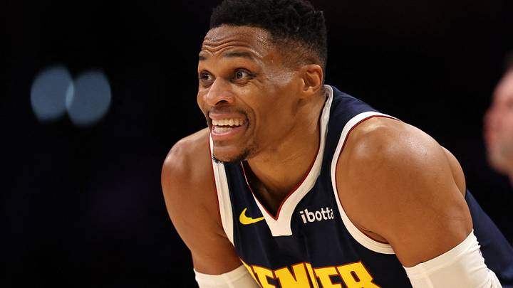 Nov 23, 2024; Los Angeles, California, USA;  Denver Nuggets guard Russell Westbrook (4) reacts to a play during the third quarter against the Los Angeles Lakers at Crypto.com Arena. Mandatory Credit: Kiyoshi Mio-Imagn Images