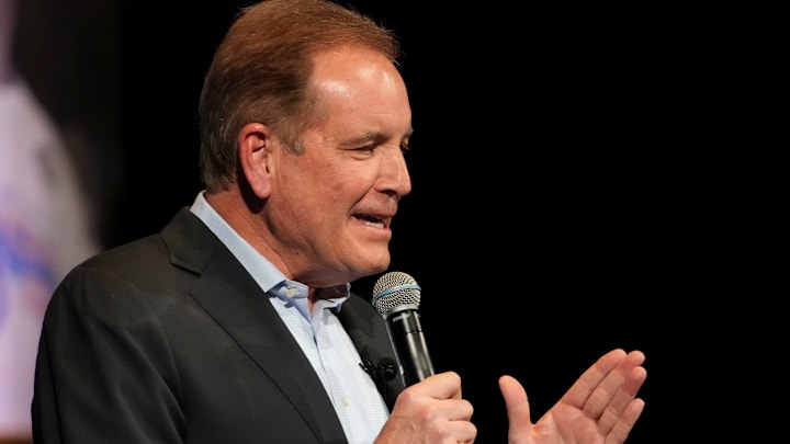 Broadcaster Jim Nantz introduces players Monday, Feb. 24, 2025, during the “Night of Champions” at the Murat Theatre at the Old National Centre. The event featured a panel discussion of players and coaches from the Indianapolis Colts team that won Super Bowl XLI.