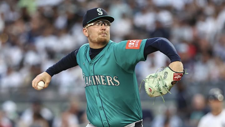 Seattle Mariners starting pitcher Logan Evans (73) pitches in the first inning against the New York Yankees at Yankee Stadium on July 9. 