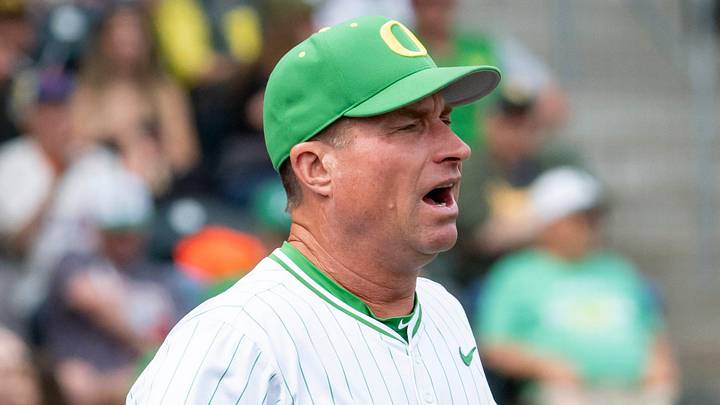 Oregon coach Mark Wasikowski comes out from the dugout to dispute a call as the Oregon Ducks host the Washington Huskies on May 10, 2025, at PK Park in Eugene.