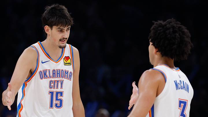 Oct 26, 2026; Oklahoma City, Oklahoma, USA; Oklahoma City Thunder center Aday Mara (15) and guard Jared McCain (3) celebrate after a play against the Phoenix Suns during the second half at Paycom Center. Mandatory Credit: Alonzo Adams-Imagn Images Oct 26, 2026; Oklahoma City, Oklahoma, USA; Oklahoma City Thunder center Aday Mara (15) and guard Jared McCain (3) celebrate after a play against the Phoenix Suns during the second half at Paycom Center. Mandatory Credit: Alonzo Adams-Imagn Images