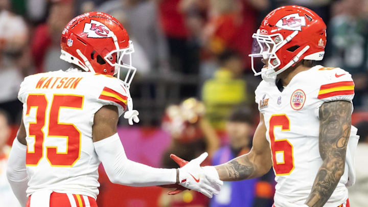 Feb 9, 2025; New Orleans, LA, USA;  Kansas City Chiefs safety Bryan Cook (6) celebrates with teammate Jaylen Watson (35) after an interception against the Philadelphia Eagles in the second quarter in Super Bowl LIX at Ceasars Superdome. Mandatory Credit: Mark J. Rebilas-Imagn Images
