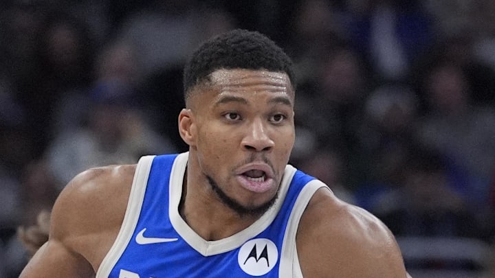 Jan 17, 2025; Milwaukee, Wisconsin, USA; Milwaukee Bucks forward Giannis Antetokounmpo (34) pushes the ball up the court against Toronto Raptors in the second half at Fiserv Forum. Mandatory Credit: Michael McLoone-Imagn Images Jan 17, 2025; Milwaukee, Wisconsin, USA; Milwaukee Bucks forward Giannis Antetokounmpo (34) pushes the ball up the court against Toronto Raptors in the second half at Fiserv Forum. Mandatory Credit: Michael McLoone-Imagn Images