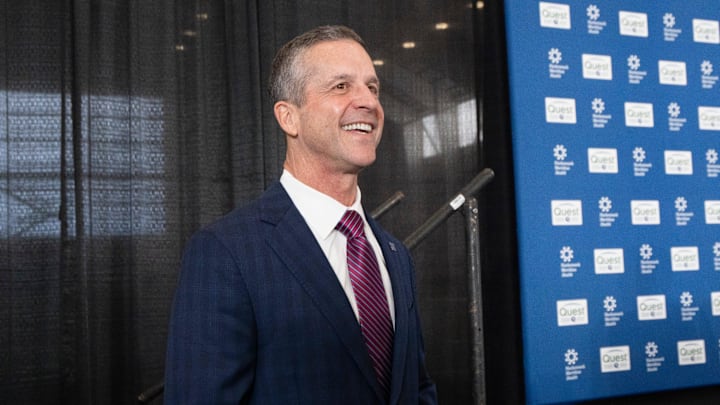 New Giants Head Coach John Harbaugh speaks with members of the media during a press conference welcoming Harbaugh at the Quest Diagnostics Training Center in East Rutherford on Tuesday, Jan. 20, 2025.