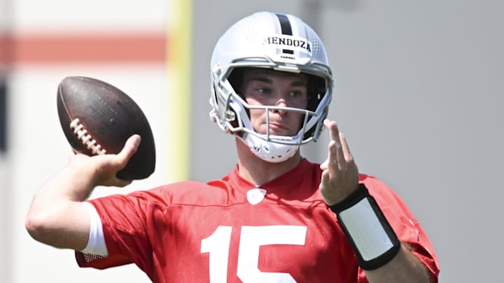 Las Vegas Raiders quarterback Fernando Mendoza runs through a drill during Rookie Minicamp. Las Vegas Raiders quarterback Fernando Mendoza runs through a drill during Rookie Minicamp.