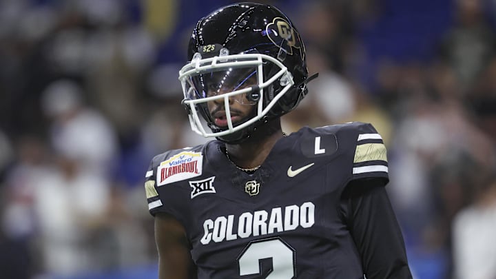Dec 28, 2024; San Antonio, TX, USA; Colorado Buffaloes quarterback Shedeur Sanders (2) warms up before the game against the Brigham Young Cougars at Alamodome. Mandatory Credit: Troy Taormina-Imagn Images