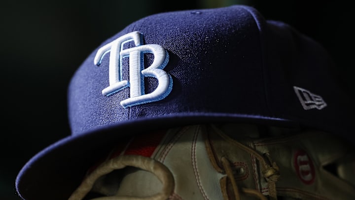Apr 3, 2023; Washington, District of Columbia, USA; A general view of a Tampa Bay Rays hat and glove during the seventh inning of the game against the Washington Nationals at Nationals Park. 