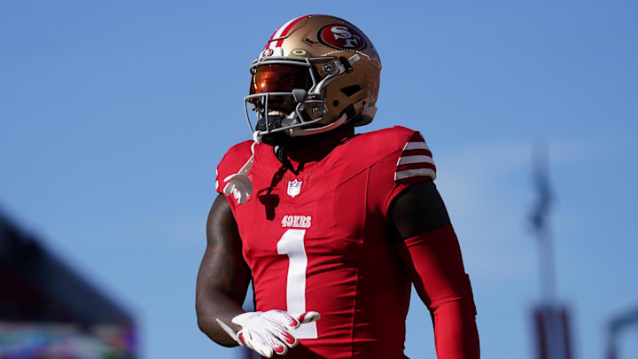 Dec 8, 2024; Santa Clara, California, USA; San Francisco 49ers wide receiver Deebo Samuel Sr. (1) walks on the field before the start of the game against the Chicago Bears at Levi's Stadium. Mandatory Credit: Cary Edmondson-Imagn Images