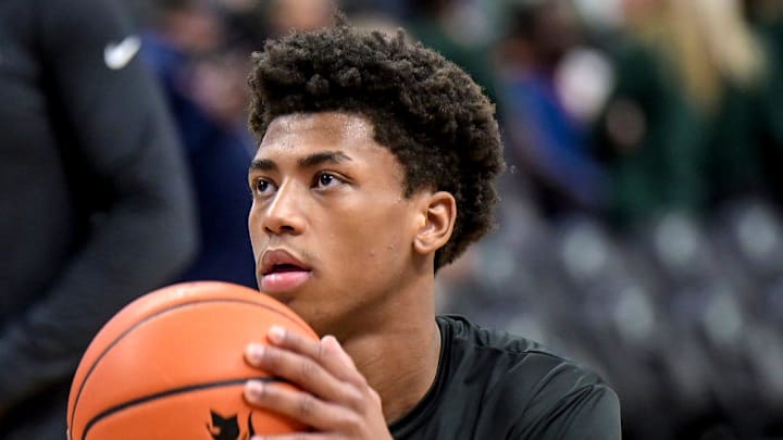 Michigan State's Jeremy Fears Jr. shoots during warmups before the game against Illinois on Saturday, Feb. 7, 2026, at the Breslin Center in East Lansing.