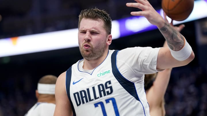Nov 12, 2024; San Francisco, California, USA; Dallas Mavericks guard Luka Doncic (77) reacts after making a layup against the Golden State Warriors in the second quarter at the Chase Center. Mandatory Credit: Cary Edmondson-Imagn Images