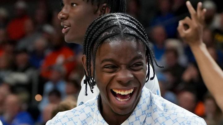 Mar 19, 2026; Greenville, SC, USA; North Carolina Tar Heels forward Caleb Wilson (8) celebrates after a play against the VCU Rams in the second half of a first round game of the men's 2026 NCAA Tournament at Bon Secours Wellness Arena. Mandatory Credit: Bob Donnan-Imagn Images