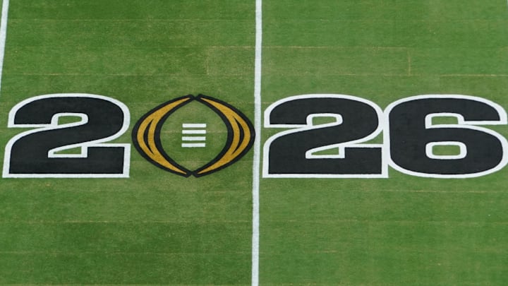 Jan 19, 2026; Miami Gardens, FL, USA; A general view of a 2026 logo before the CFP National Championship college football game between the Indiana Hoosiers and the Miami Hurricanes at Hard Rock Stadium. Mandatory Credit: James Lang-Imagn Images Jan 19, 2026; Miami Gardens, FL, USA; A general view of a 2026 logo before the CFP National Championship college football game between the Indiana Hoosiers and the Miami Hurricanes at Hard Rock Stadium. Mandatory Credit: James Lang-Imagn Images