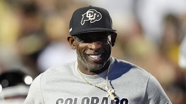 Sep 27, 2025; Boulder, Colorado, USA; Colorado Buffaloes head coach Deion Sanders reacts before the game against the Brigham Young Cougars at Folsom Field.