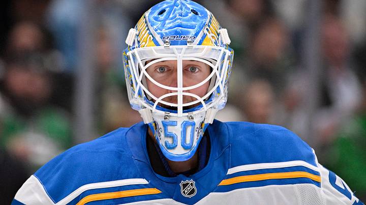 Jan 23, 2026; Dallas, Texas, USA; St. Louis Blues goaltender Jordan Binnington (50) looks on during the second period against the Dallas Stars at the American Airlines Center. Mandatory Credit: Jerome Miron-Imagn Images