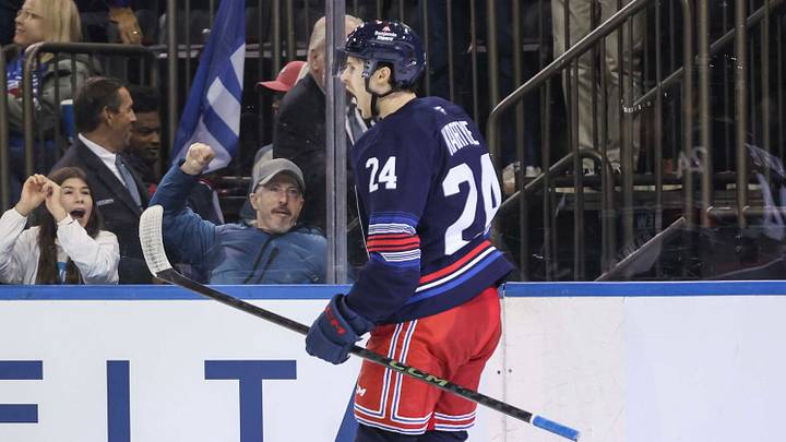 Oct 11, 2026; New York, New York, USA; New York Rangers left wing Tye Kartye (24) reacts after scoring a goal in the second period against the Vancouver Canucks at Madison Square Garden. Mandatory Credit: Wendell Cruz-Imagn Images Oct 11, 2026; New York, New York, USA; New York Rangers left wing Tye Kartye (24) reacts after scoring a goal in the second period against the Vancouver Canucks at Madison Square Garden. Mandatory Credit: Wendell Cruz-Imagn Images
