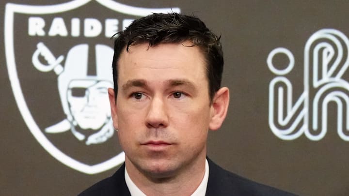 Feb 10, 2026; Henderson, NV, USA;  Las Vegas Raiders coach Klint Kubiak (left) and general manager John Spytek at introductory press conference at Intermountain Health Performance Center. Mandatory Credit: Kirby Lee-Imagn Images