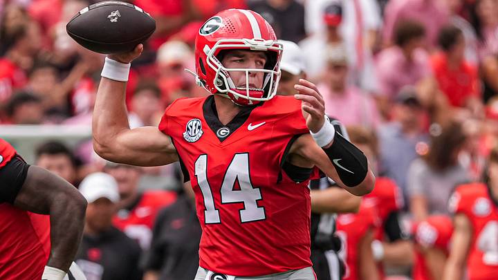 Georgia football QB Gunner Stockton passes against Vanderbilt. Georgia football QB Gunner Stockton passes against Vanderbilt.
