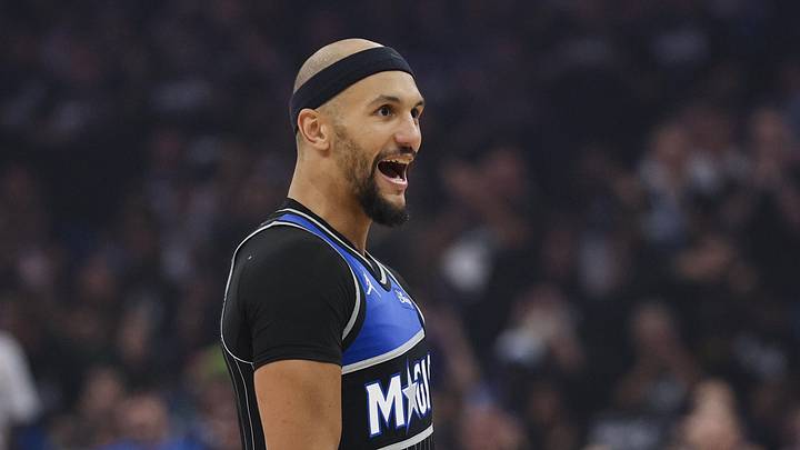 Apr 25, 2026; Orlando, Florida, USA; Orlando Magic guard Jalen Suggs (4) reacts after a basket against the Detroit Pistons in the second quarter during game three of the first round of the 2026 NBA Playoffs at Kia Center. Mandatory Credit: Nathan Ray Seebeck-Imagn Images