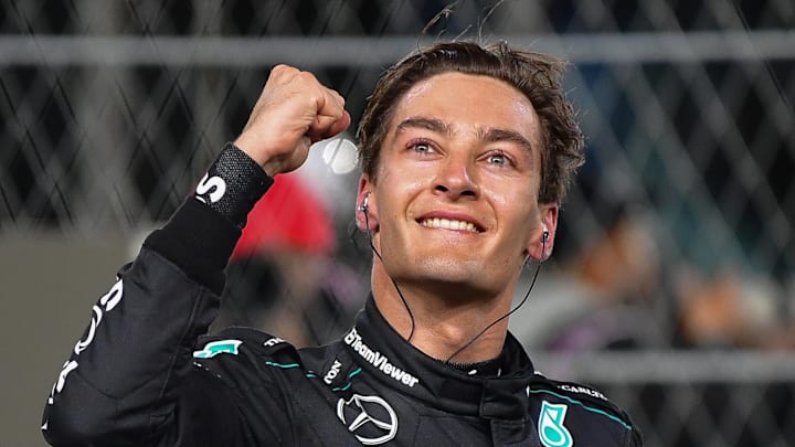 Nov 23, 2024; Las Vegas, Nevada, USA; Mercedes AMG Petronas driver George Russell (63) celebrates his race victory of the Las Vegas Grand Prix at Las Vegas Circuit. Mandatory Credit: Gary A. Vasquez-Imagn Images Nov 23, 2024; Las Vegas, Nevada, USA; Mercedes AMG Petronas driver George Russell (63) celebrates his race victory of the Las Vegas Grand Prix at Las Vegas Circuit. Mandatory Credit: Gary A. Vasquez-Imagn Images